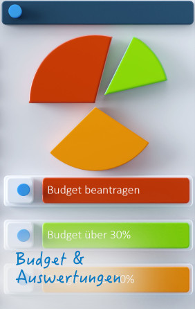 Sytlisierte Darstellung eines Budgets, mit Tortendiagramm. Überschrift: Budget & Auswertungen.